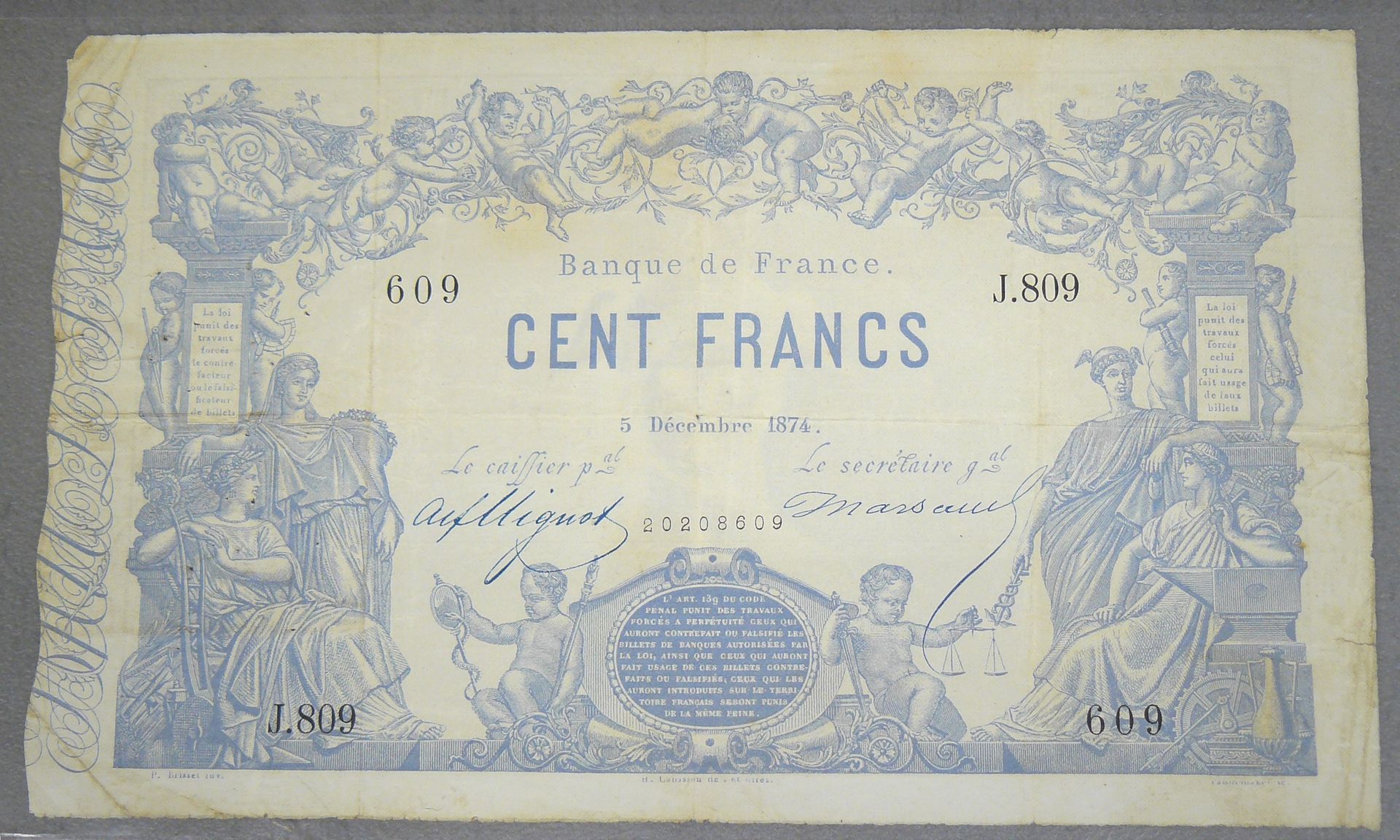 Null 100 FRANCS - Type 1862 " INDICES NOIRS " - Fayette A39 (10) - 05-12-1874 - &hellip;