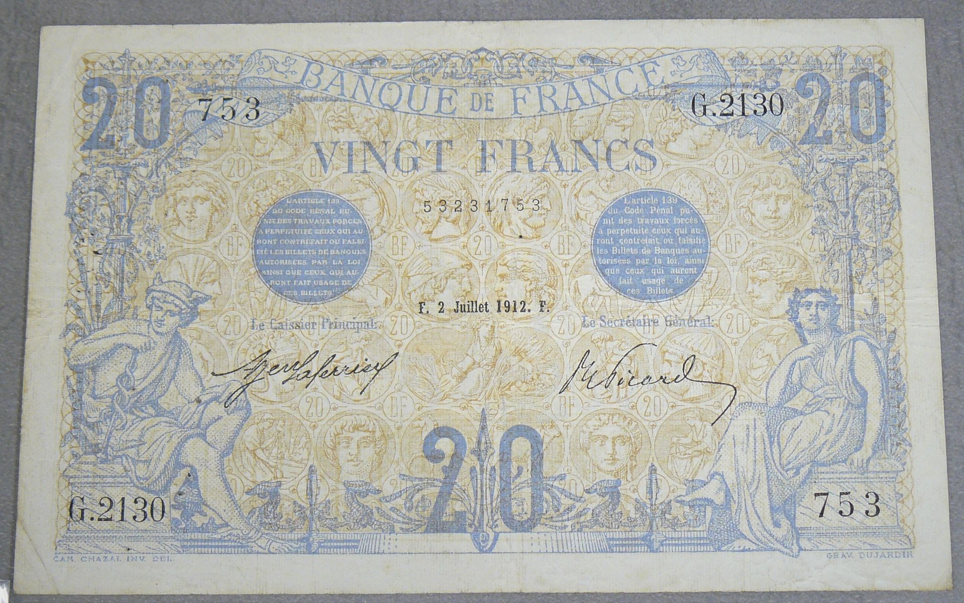 Null 20 FRANCS (BLUE) - 型号 1905 - Fayette 10 (2) - 1912年7月2日 - 字母2130 G - VF - 有&hellip;