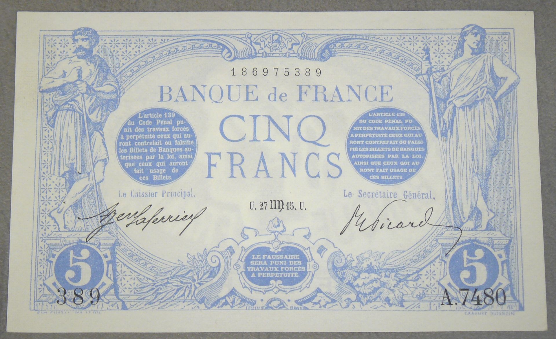 Null 5 FRANCS (BLEU) - Type 1905 - Fayette 2 (30) - Aout 1915 (Vierge) - Alphabe&hellip;
