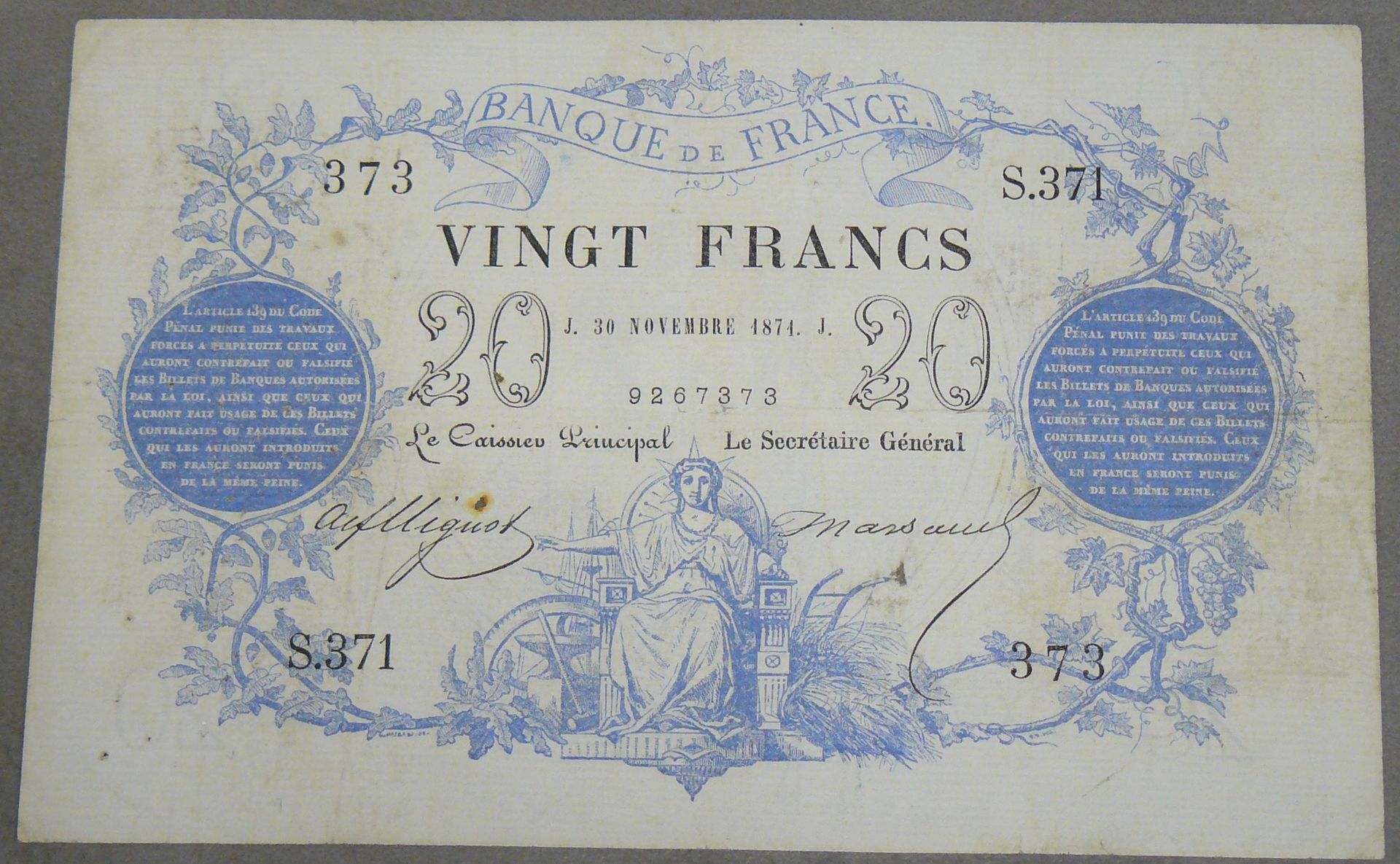 Null 20 FRANCS - 1871年型 - Fayette A46 (2) - 1871年11月30日 - 字母表371S - 注释号373 - VF &hellip;