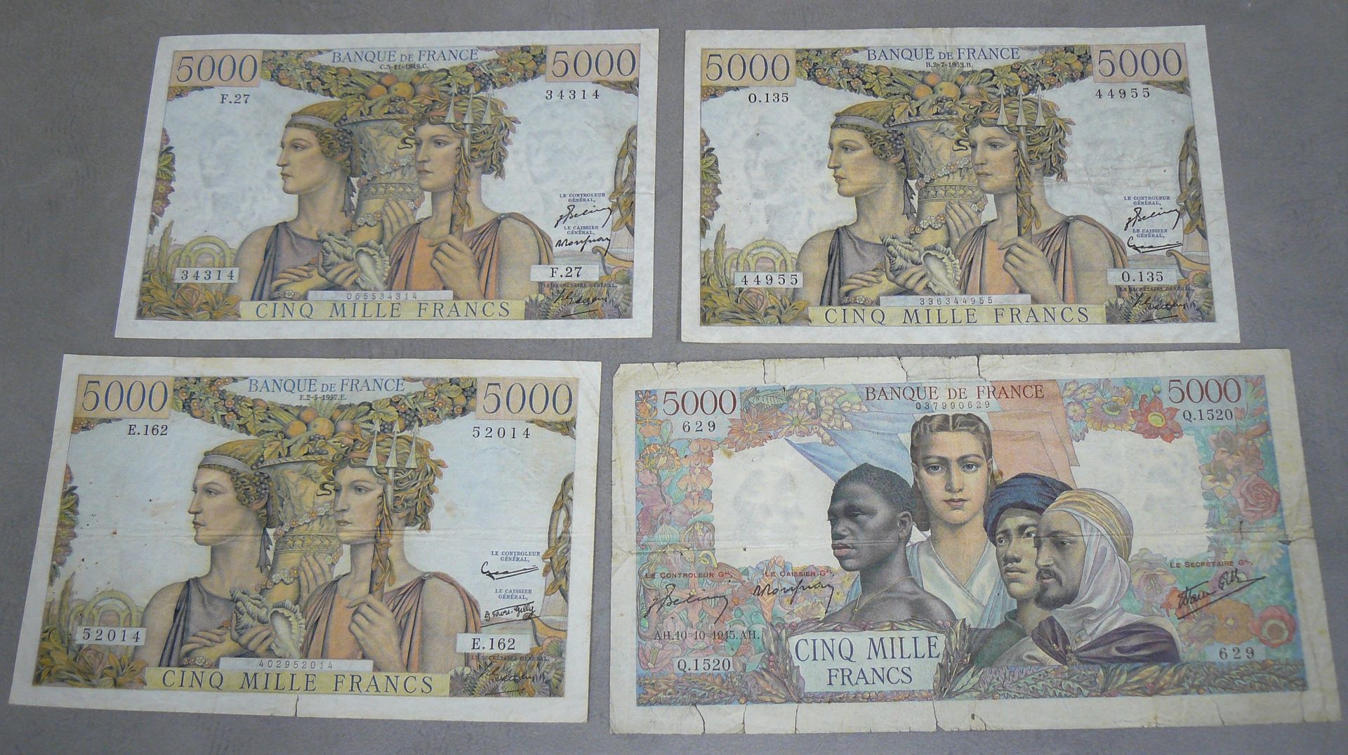 Null 杂项 - 一批4张5000法郎纸币 - Fayette 47 - 字母1520 Q (B) - Fayette 48 - 字母27 F (VG/TG)&hellip;
