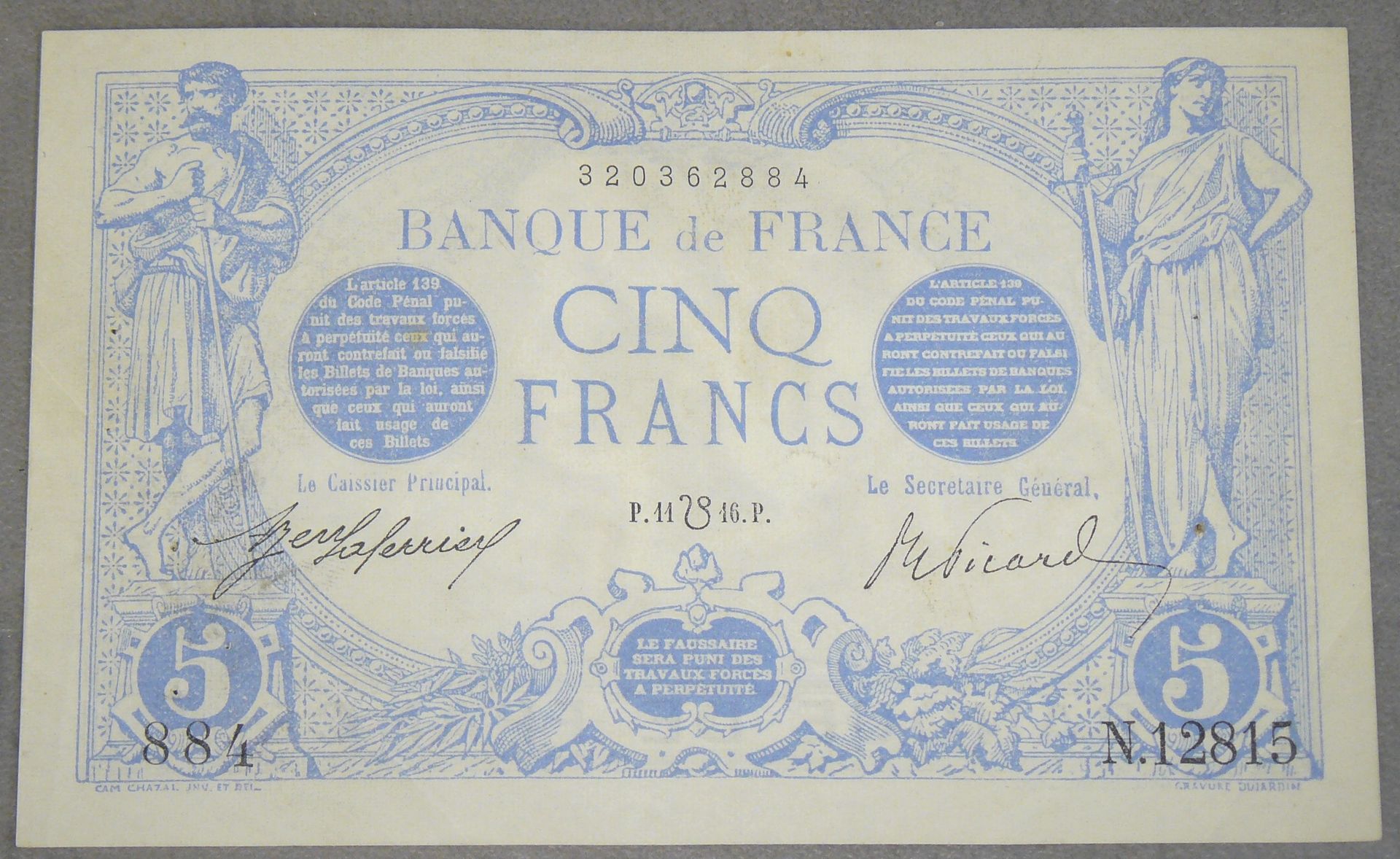 Null 5 FRANCS (AZUL) - Tipo 1905 - Fayette 2bis (4) - Jul 1915 (León reverso) - &hellip;