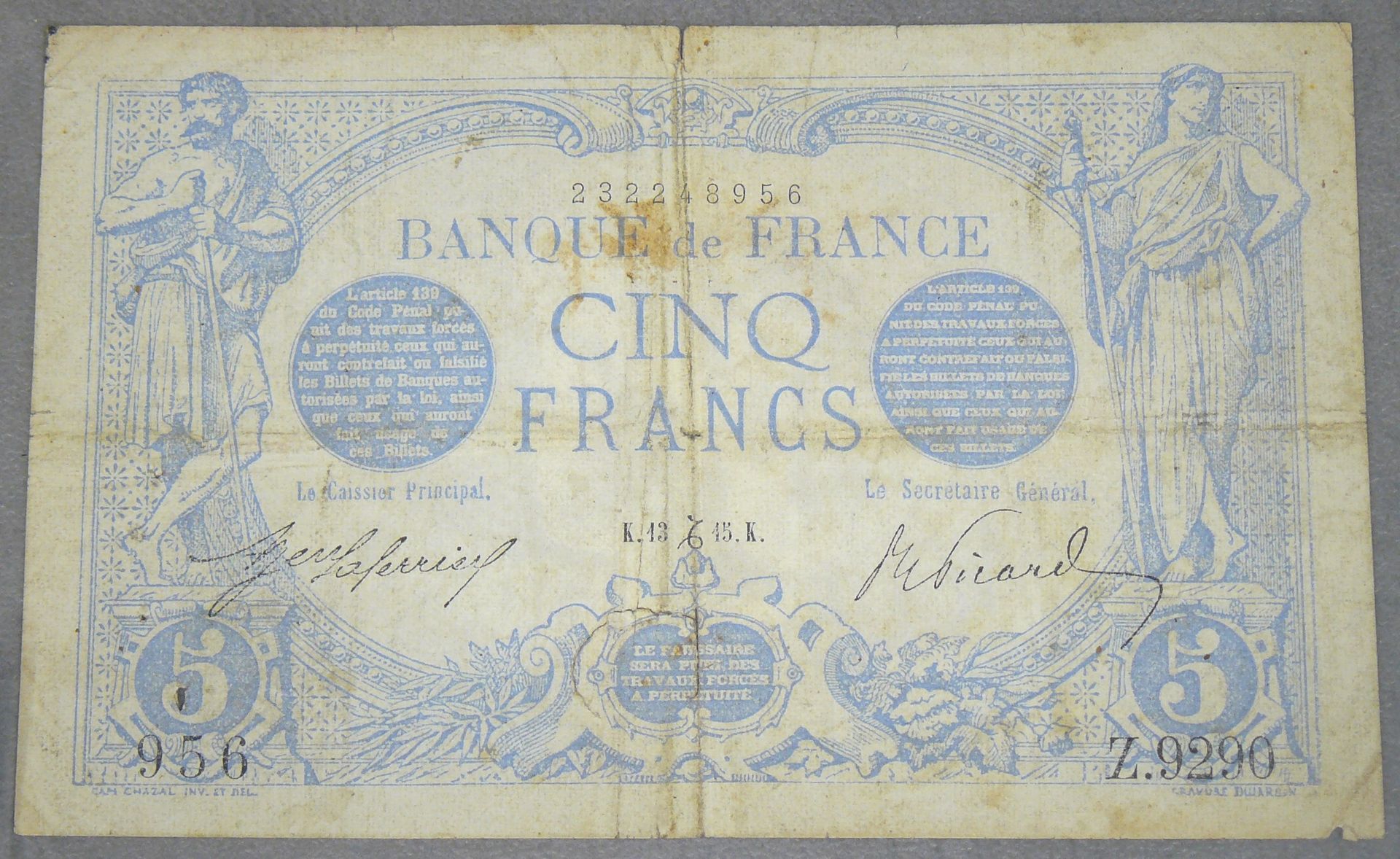 Null 5 FRANCS (BLEU) - Type 1905 - Fayette 2 (34) - Déc 1915 (Capricorne) - Alph&hellip;