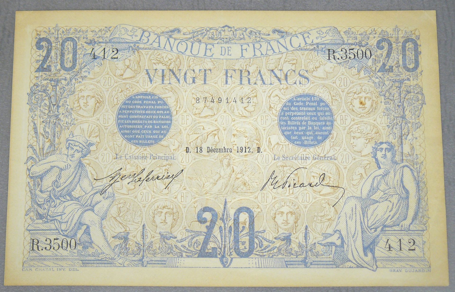Null 20 FRANCS (BLUE) - 1905型 - Fayette 10 (2) - 1912年12月18日 - 字母3500 R - SUP - &hellip;