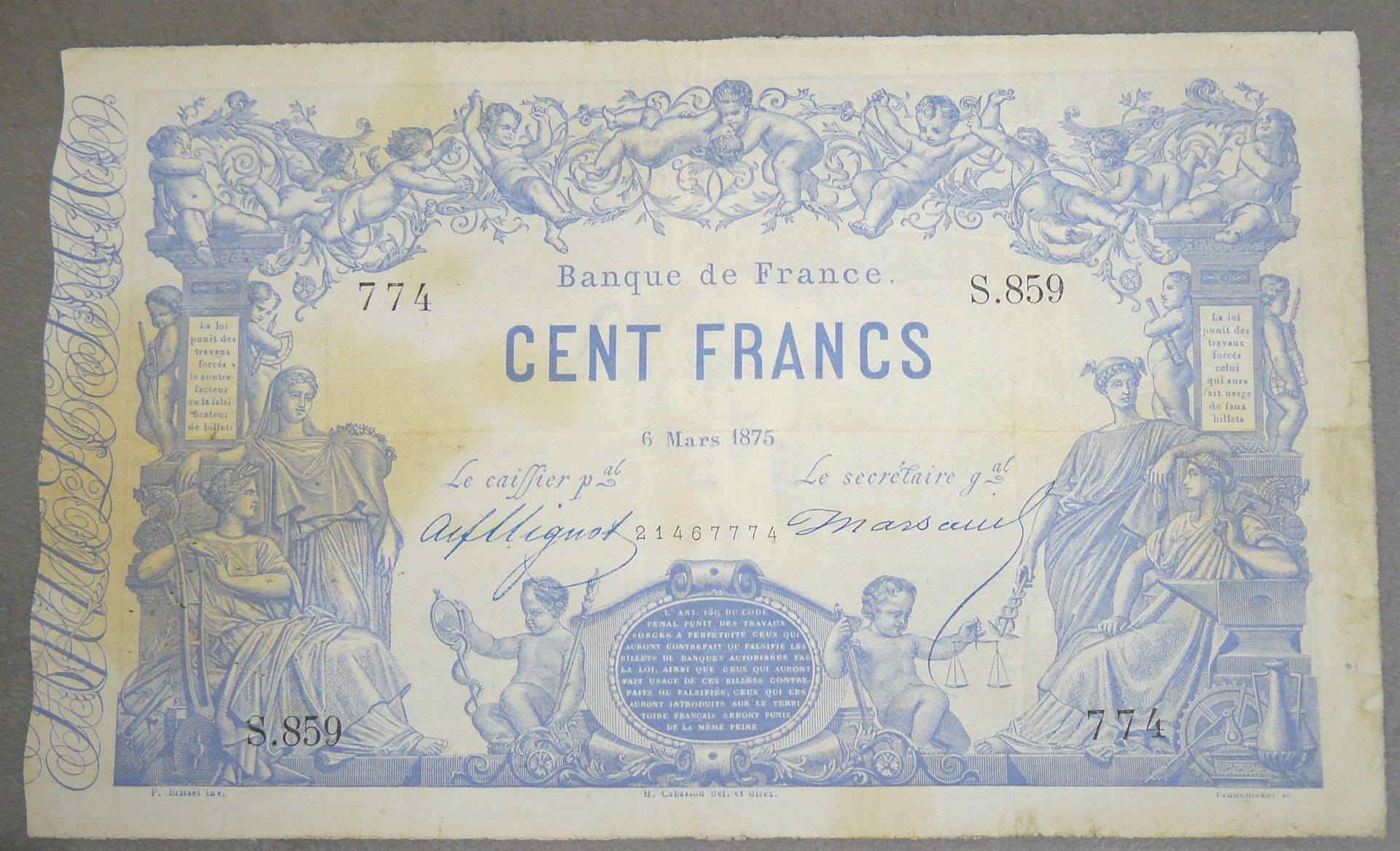 Null 100 FRANCS - Type 1862 " INDICES NOIRS " - Fayette A39 (11) - 06-03-1875 - &hellip;