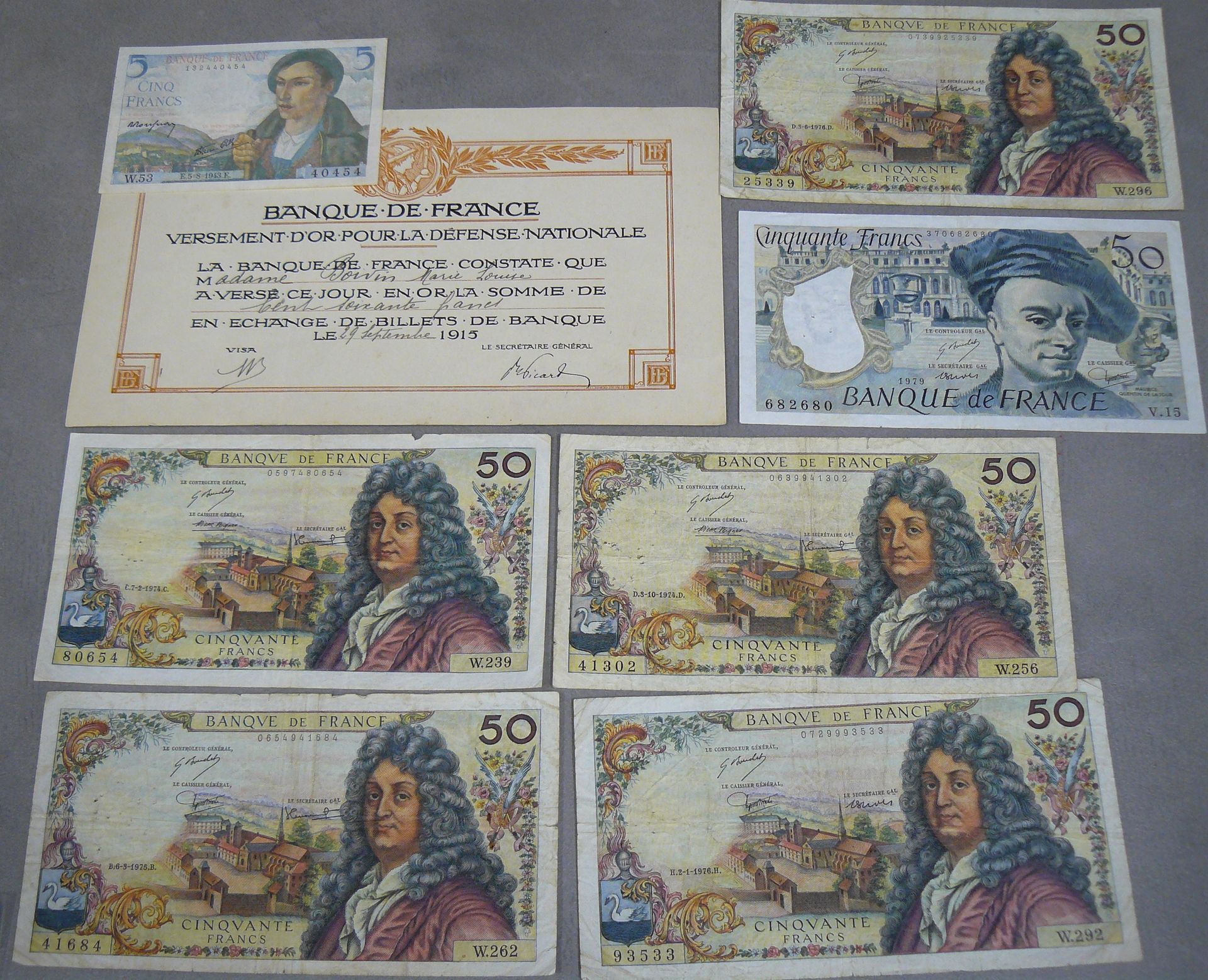 Null VARIE - Lotto di 7 banconote varie - 5 FRANCHI - Fayette 5 - Alfabeto 53 W &hellip;