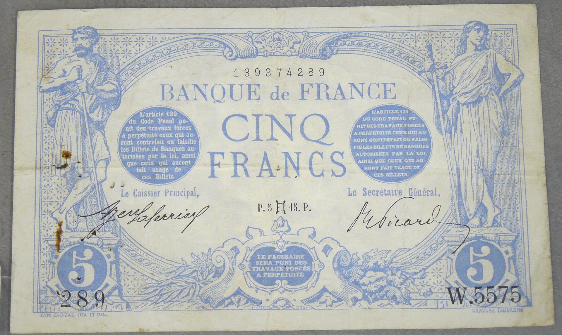 Null 5 FRANCS (AZUL) - Tipo 1905 - Fayette 2 (27) - Mayo 1915 (Géminis) - Alfabe&hellip;