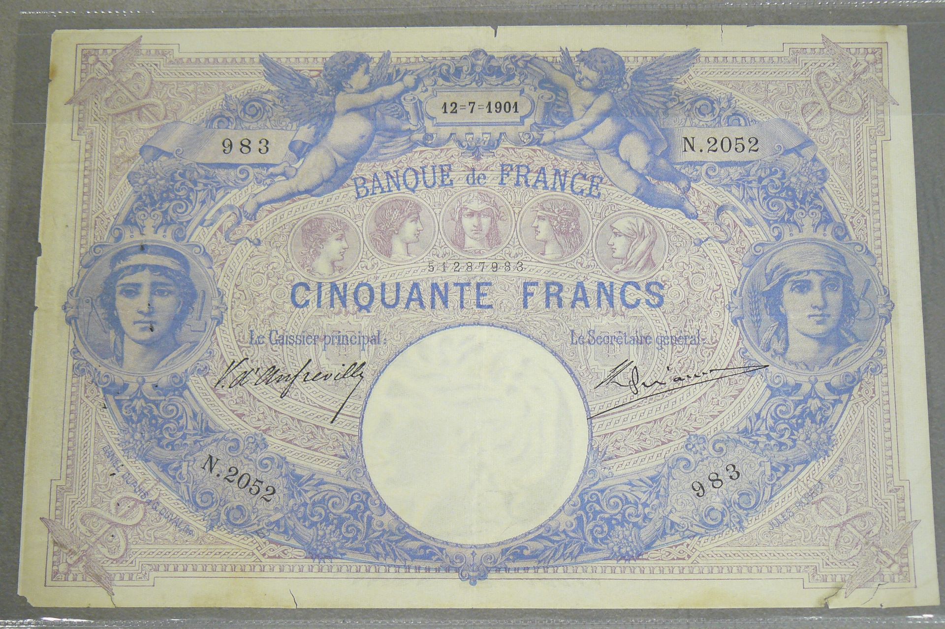 Null 50法郎（蓝色和粉色） - 型号1889 - Fayette 14 (13) - 12-07-1901 - 字母2052 N - B/TB - 许多针&hellip;