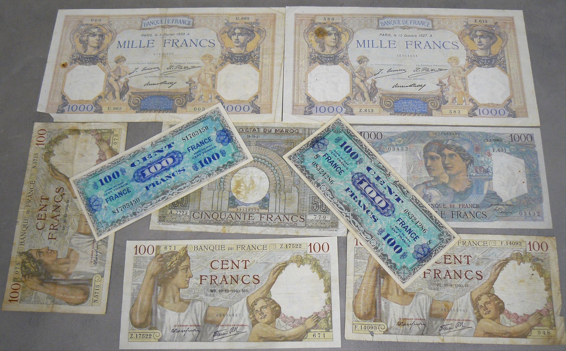Null 杂项 - 一批9种不同的纸币 - 法国银行 - Fayette 26 - 字母5715 N (B) - 14093 F (B) 和17522 Z (B&hellip;