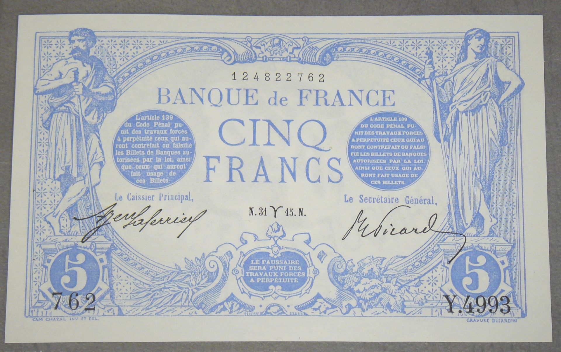 Null 5 FRANCS (BLUE) - Type 1905 - Fayette 2 (25) - March 1915 (Aries) - Alphabe&hellip;