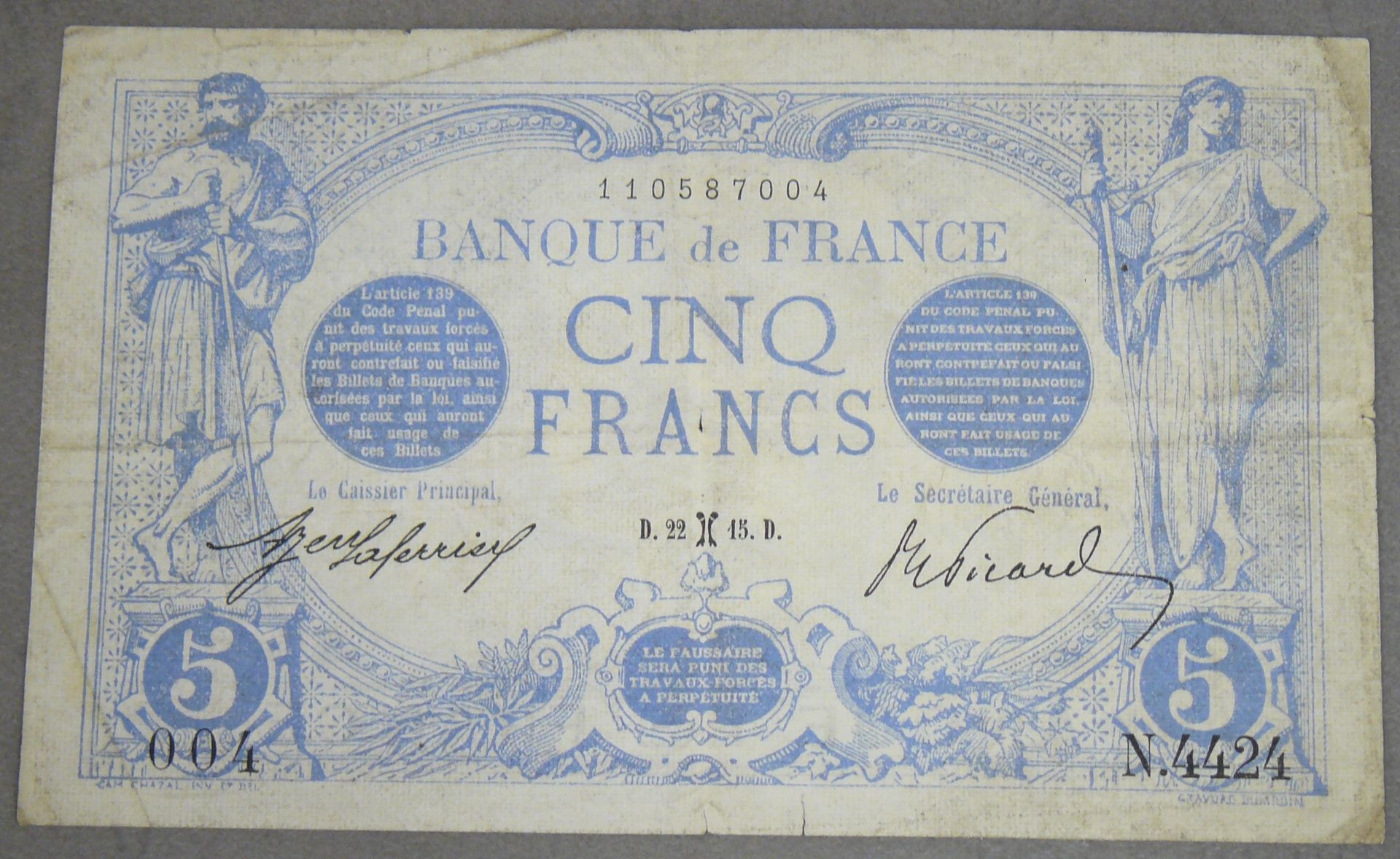Null 5 FRANCS (BLUE) - Type 1905 - Fayette 2 (24) - Feb. 1915 (Pisces) - Alphabe&hellip;