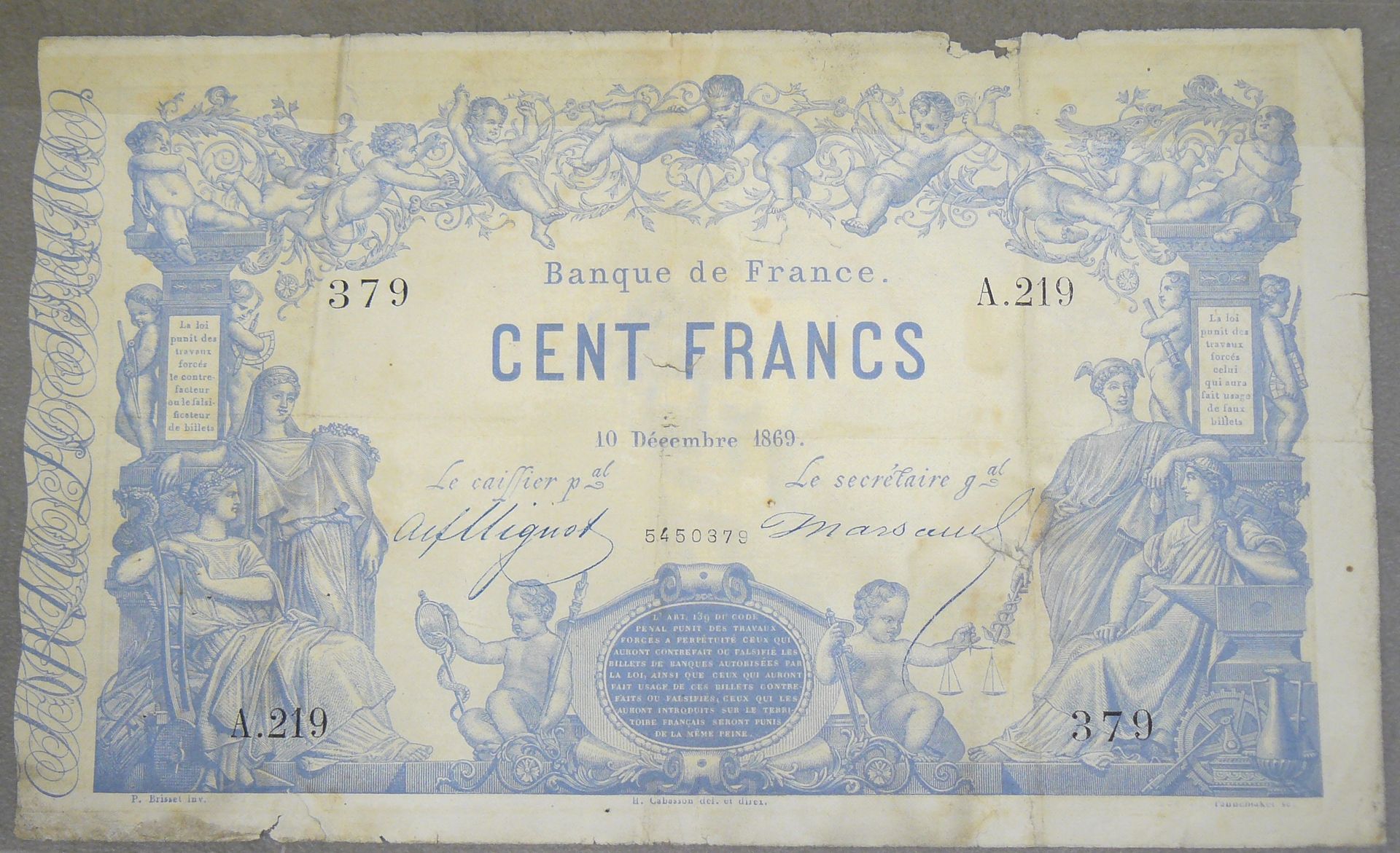Null 100 FRANCS - Tipo 1862 " INDICES NOIRS " - Fayette A39 (5) - 10-12-1869 - A&hellip;