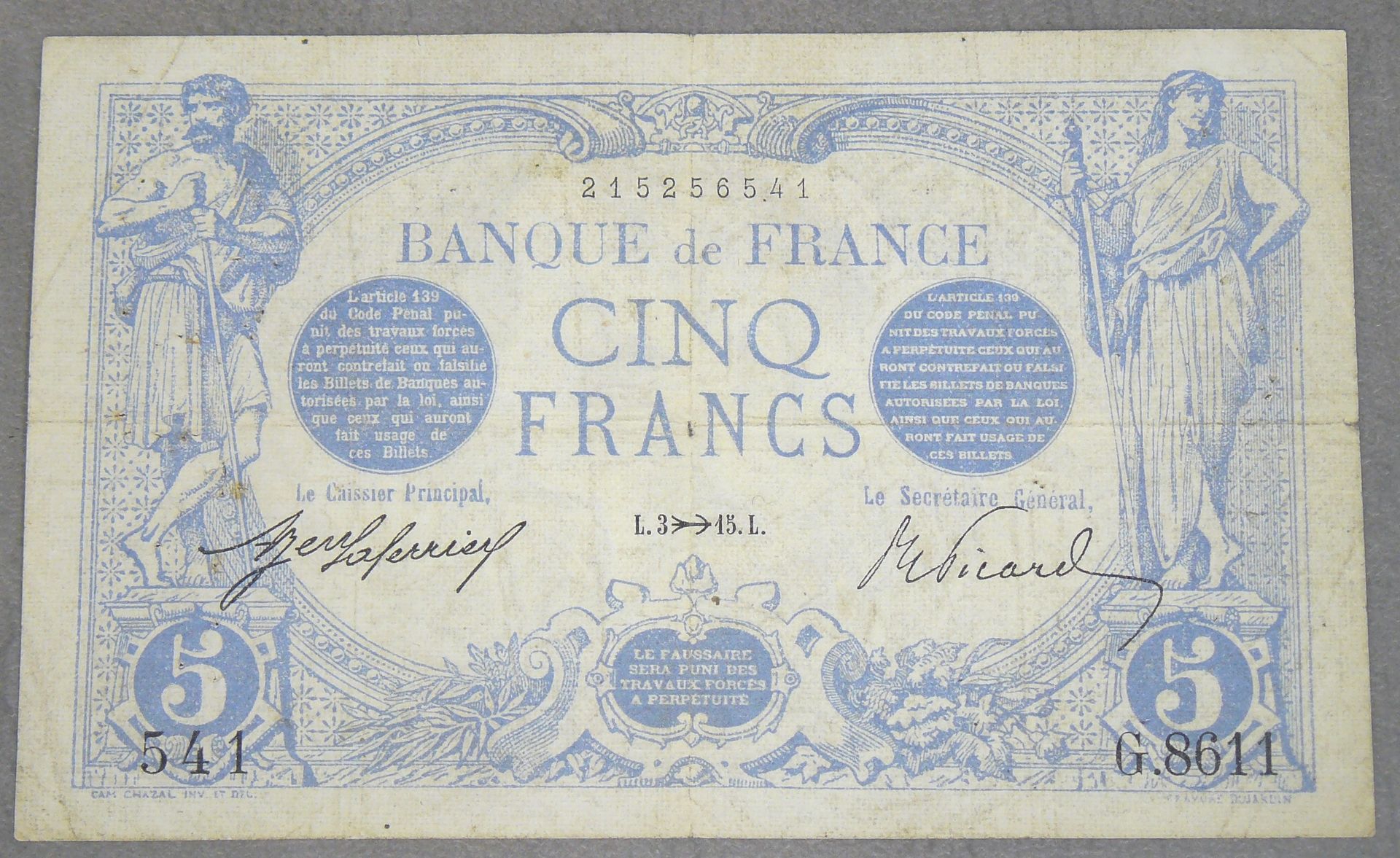 Null 5 FRANCS (BLEU) - Type 1905 - Fayette 2 (33) - Nov. 1915 (Sagittaire) - Alp&hellip;