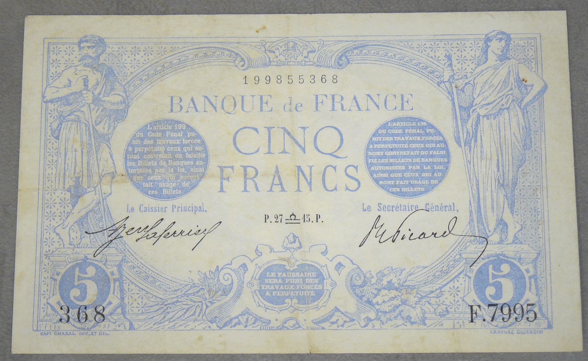 Null 5 FRANCS (BLUE) - 1905型 - Fayette 2 (31) - 1915年9月 (Scale) - 字母7995 F - VF &hellip;