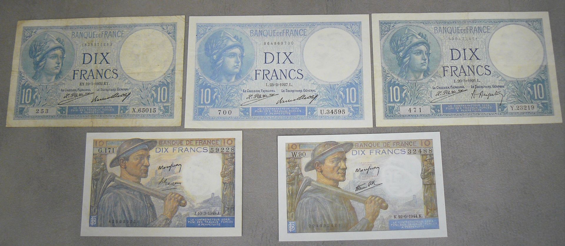 Null 杂项 - 一批5张10法郎的纸币 - Fayette 6 - 字母23219 Y (TTB), 34595 U (TTB/SUP) 和 65015 (&hellip;