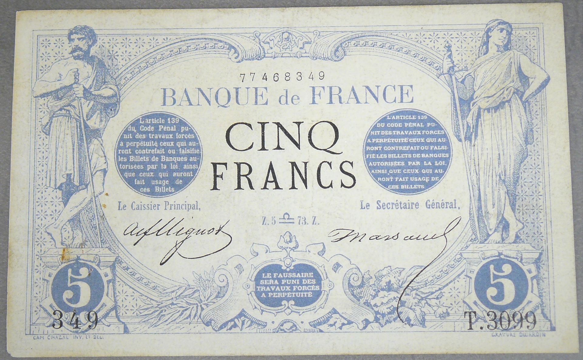 Null 5 FRANCOS (NEGRO) - Tipo 1871 - Fayette 1 (22) - Sept 1873 (Balance) - Alfa&hellip;