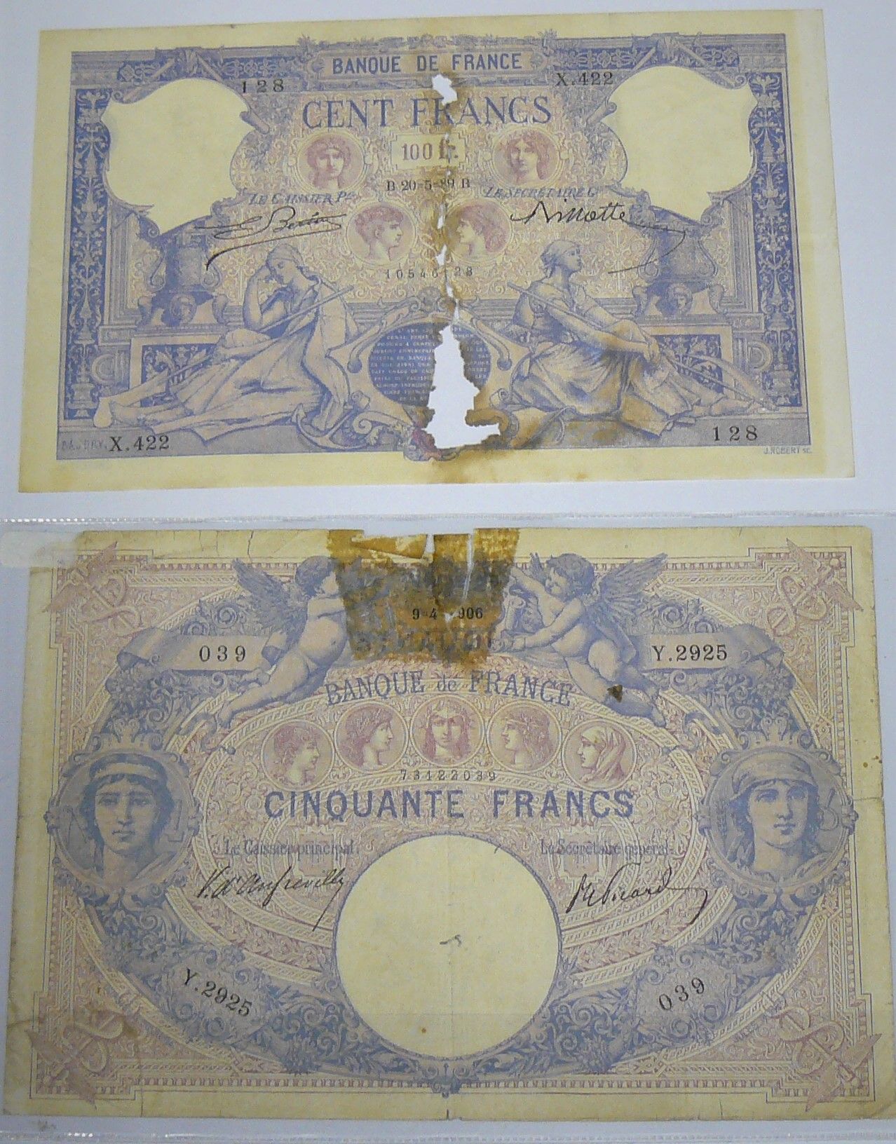 Null 杂项 - 一批2张 "蓝粉色 "纸币 - Fayette 14 - 50 FRANCS - 09-04-1906 - 字母2925 Y - 和 Fay&hellip;