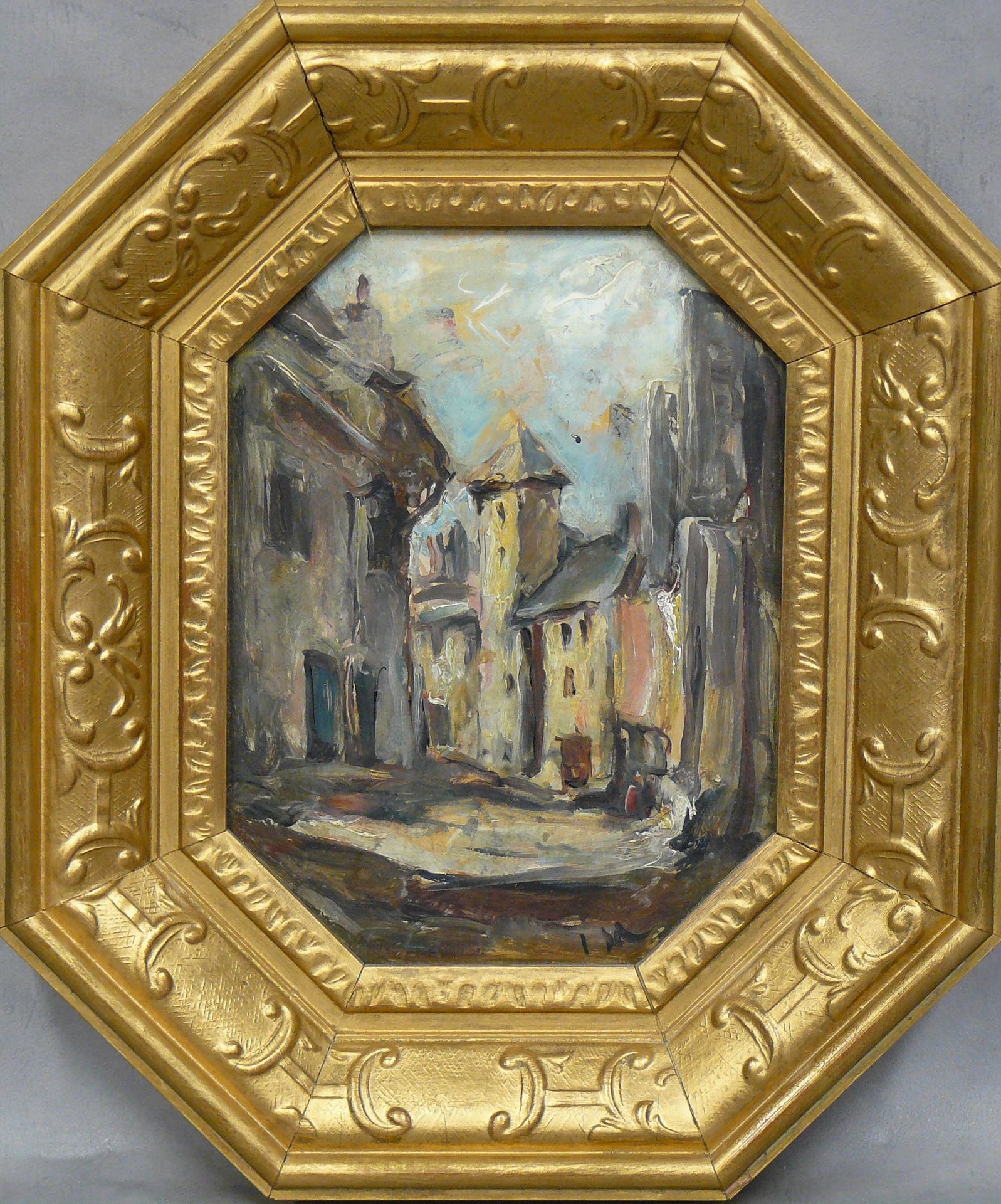 MEGE Isabelle MEGE (1878-1966): landscape of a street with a tower, oil on cardb&hellip;