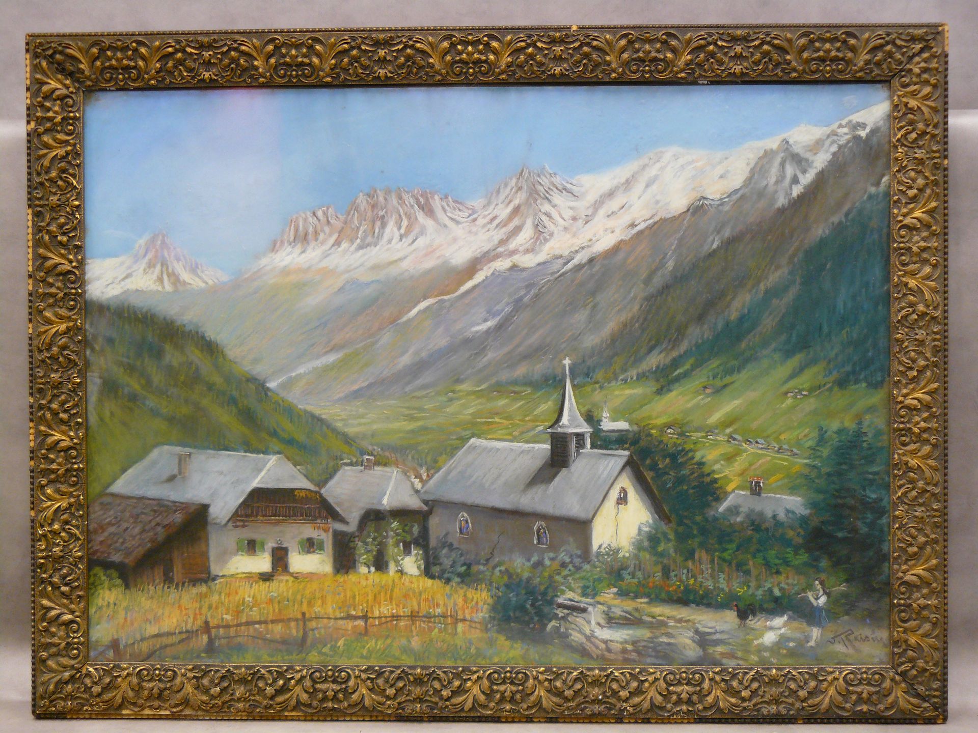 Null 19世纪末至20世纪初的学校：Les Houches教堂和Mont-Blanc，粉彩画，右下角签名（难以辨认）- 74 x 103.5厘米