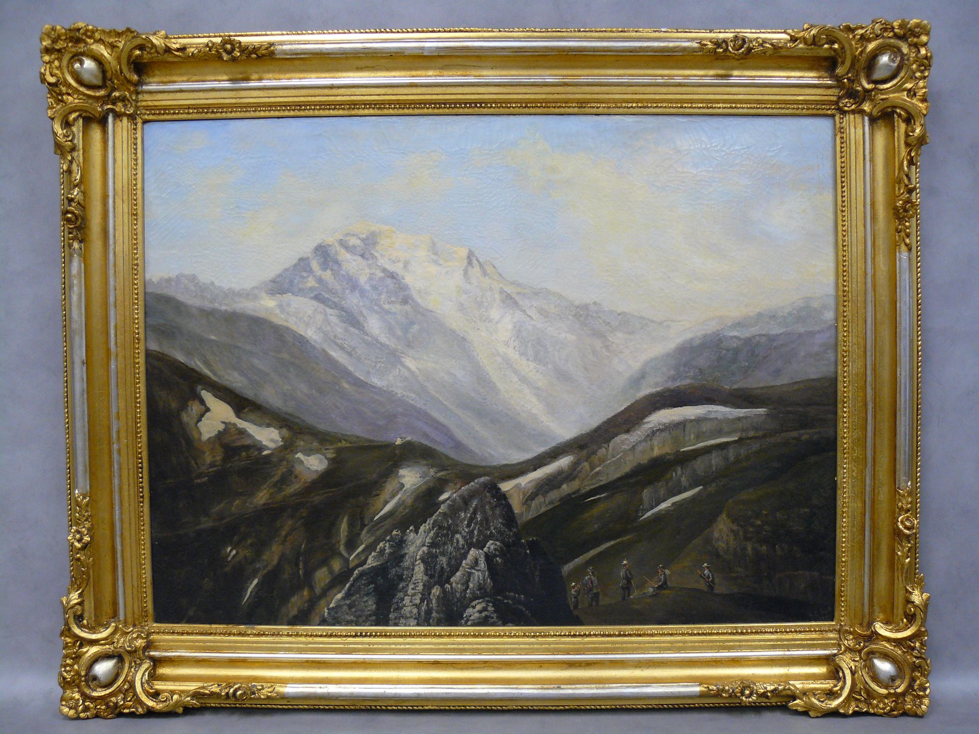 G.E. BOCH G.E. BOCH（19世纪）。阿尔卑斯山人在巴尔梅山口和勃朗峰，1878年，布面油画，右下角有签名和日期 - 64 x 87厘米（背面有件&hellip;