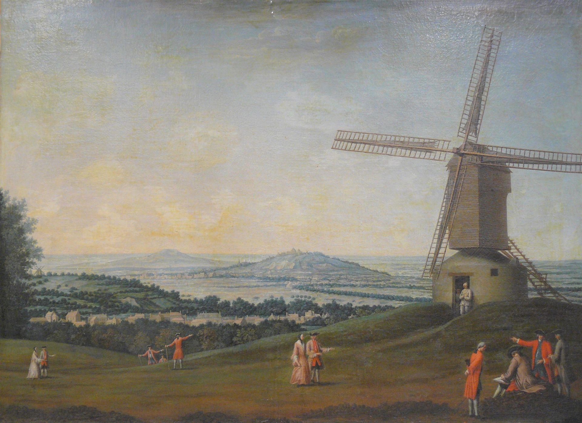 Null 归功于路易-尼古拉-范-布拉伦贝格(1716-1794)：画师和步行者在主宰全景的磨坊前，布面油画 - 97,5 x 130厘米(丢失，被抬起并修复)&hellip;