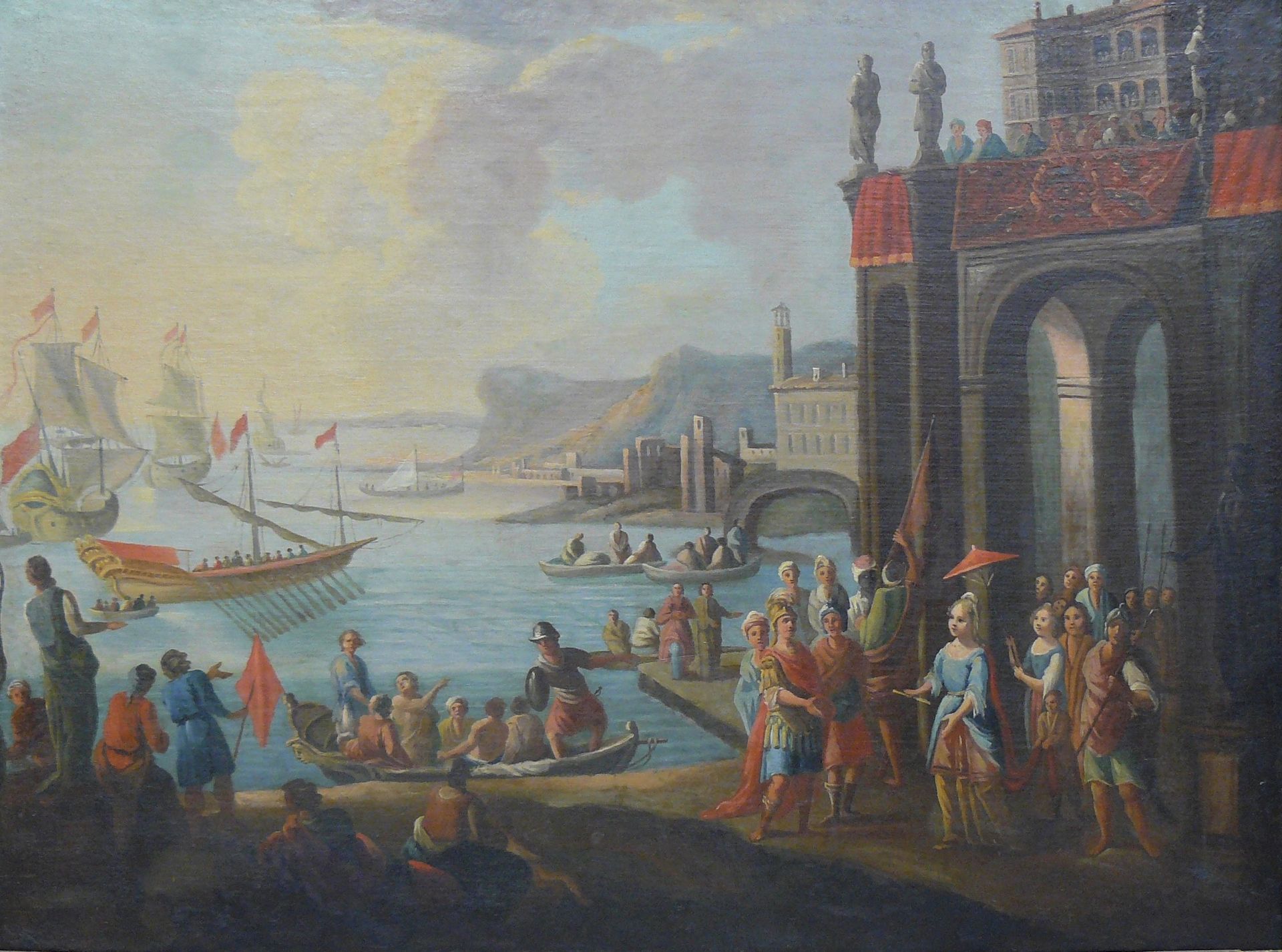 Null 18世纪意大利画派，阿戈斯蒂诺-塔西的追随者：迪多欢迎埃涅阿斯和离开港口城市的皇家游行队伍。一对画 - 74 x 98厘米。专家Chantal Mau&hellip;