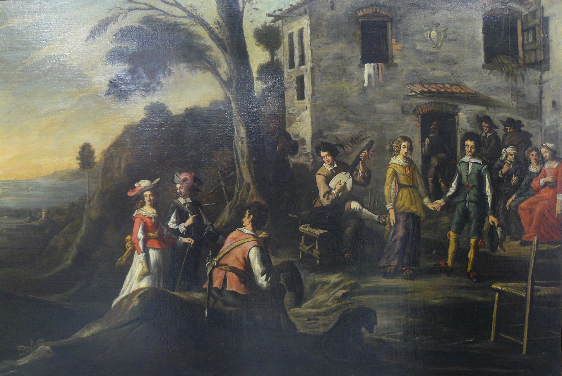 Null 17世纪末的意大利北部学校：客栈前的乡村狂欢，布面油画 - 97 x 147厘米 - 专家Chantal Mauduit女士（巴黎C.A）。