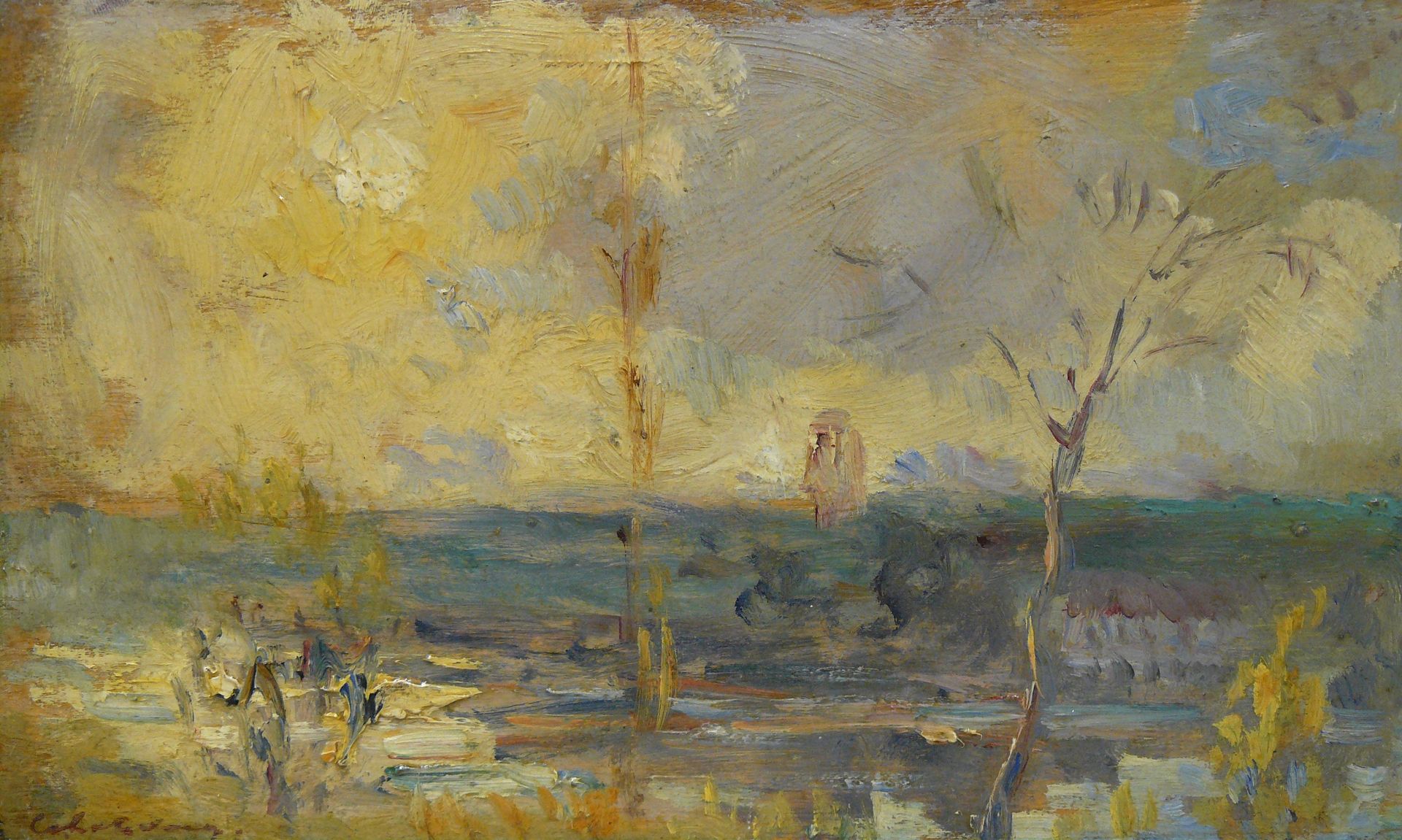 LEBOURG 阿尔伯特-勒布格（1849-1928）。Châlou-Moulineux池塘的研究，板面油画，左下角签名 - 14 x 24厘米（无框）。
