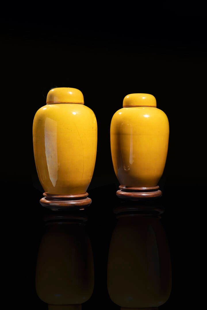 COPPIA DI VASI 一对花瓶
黄瓷花瓶一对，带瓶塞，中国，民国，20世纪
H cm 21
直径12.5厘米