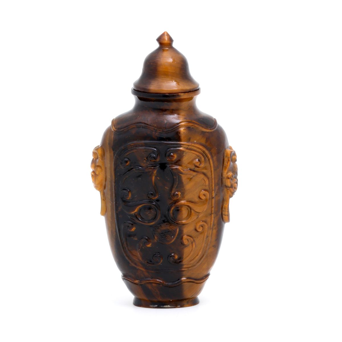 A SNUFF-BOTTLE A SNUFF-BOTTLE Shaped like a vase, tiger's eye, decoration in rel&hellip;