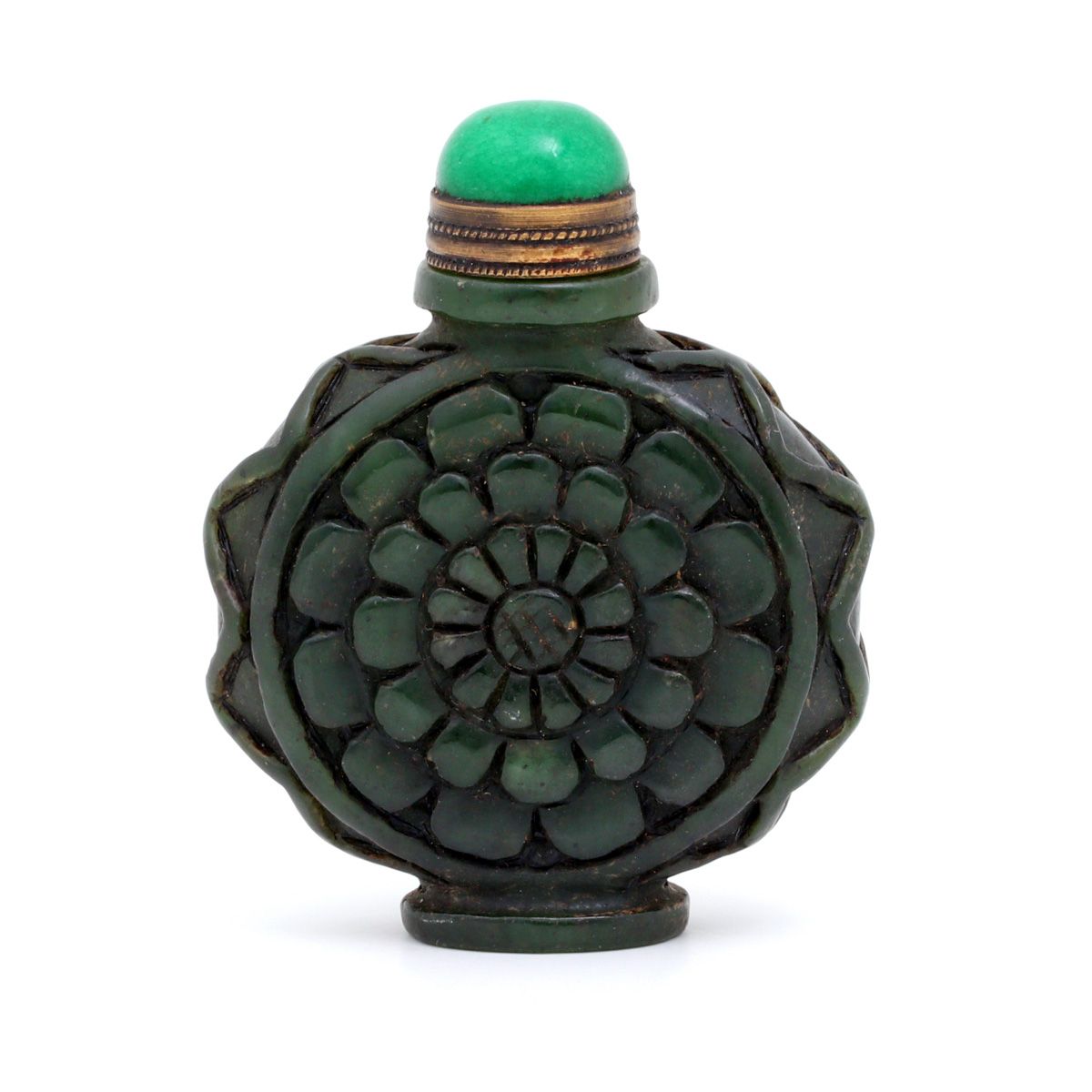 A SNUFF-BOTTLE A SNUFF-BOTTLE Jade in relief depicting flower. Hard stone cover.&hellip;