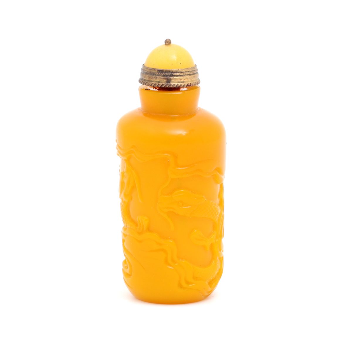 A SNUFF-BOTTLE A SNUFF-BOTTLE Yellow Chinese glass, decoration in relief depicti&hellip;