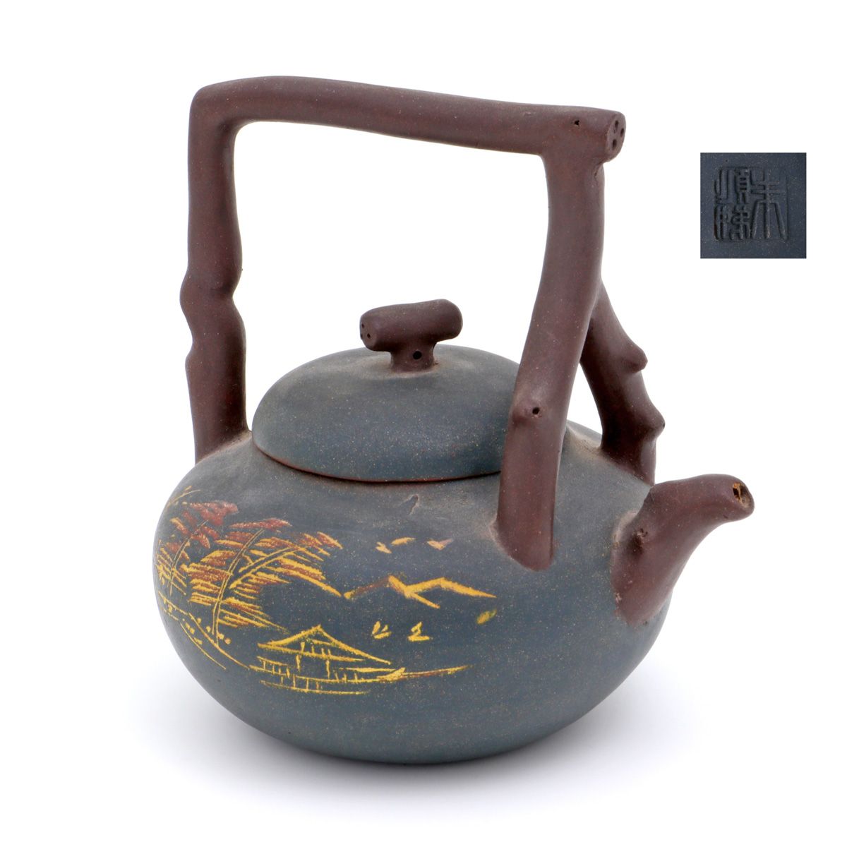 A Yixing teapot A YIXING TEAPOT Chinese terracotta, green and brown decoration d&hellip;
