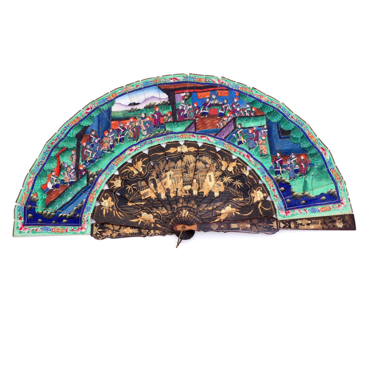 A FAN A FAN Lacquered structure depicting Chinese quotidian scenes. Gouache leaf&hellip;