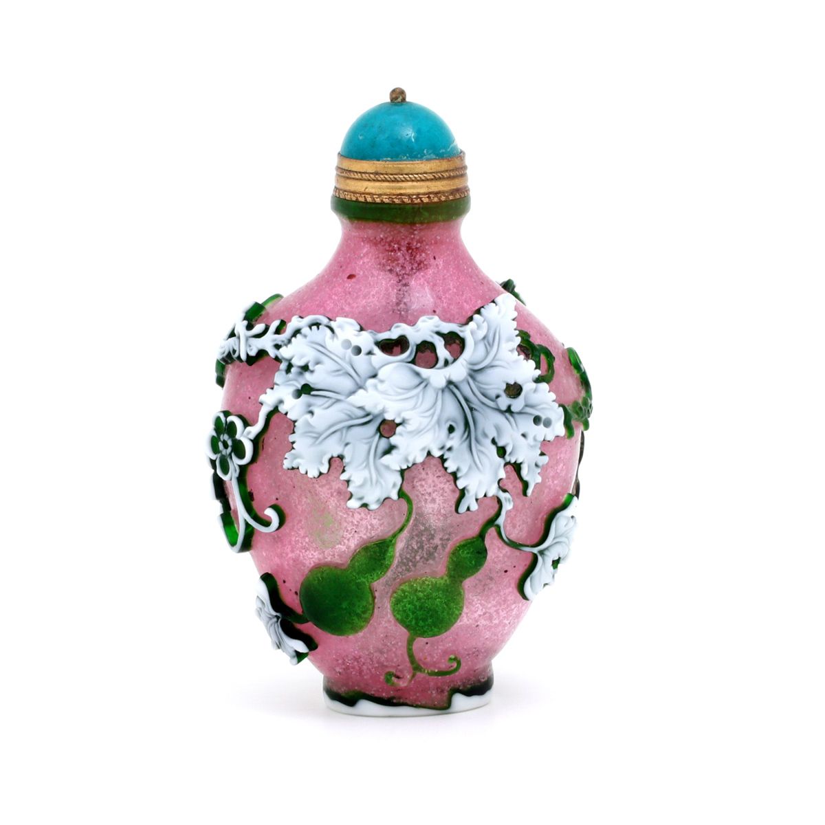 A SNUFF-BOTTLE A SNUFF-BOTTLE Chinese glass, white and green decoration in relie&hellip;