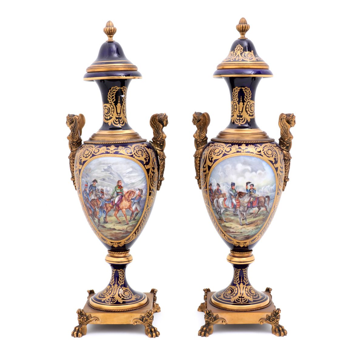 A PAIR OF URNS A PAIR OF URNS Sèvres style porcelain, with four cartouches depic&hellip;
