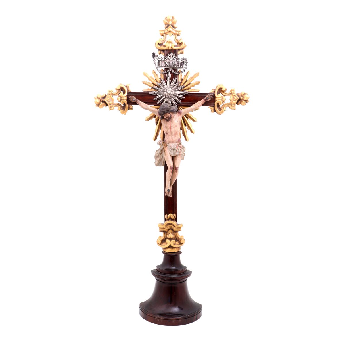 A CRUCIFIX A CRUCIFIX Polychrome and gilded wood Christ, Brazilian rosewood cros&hellip;