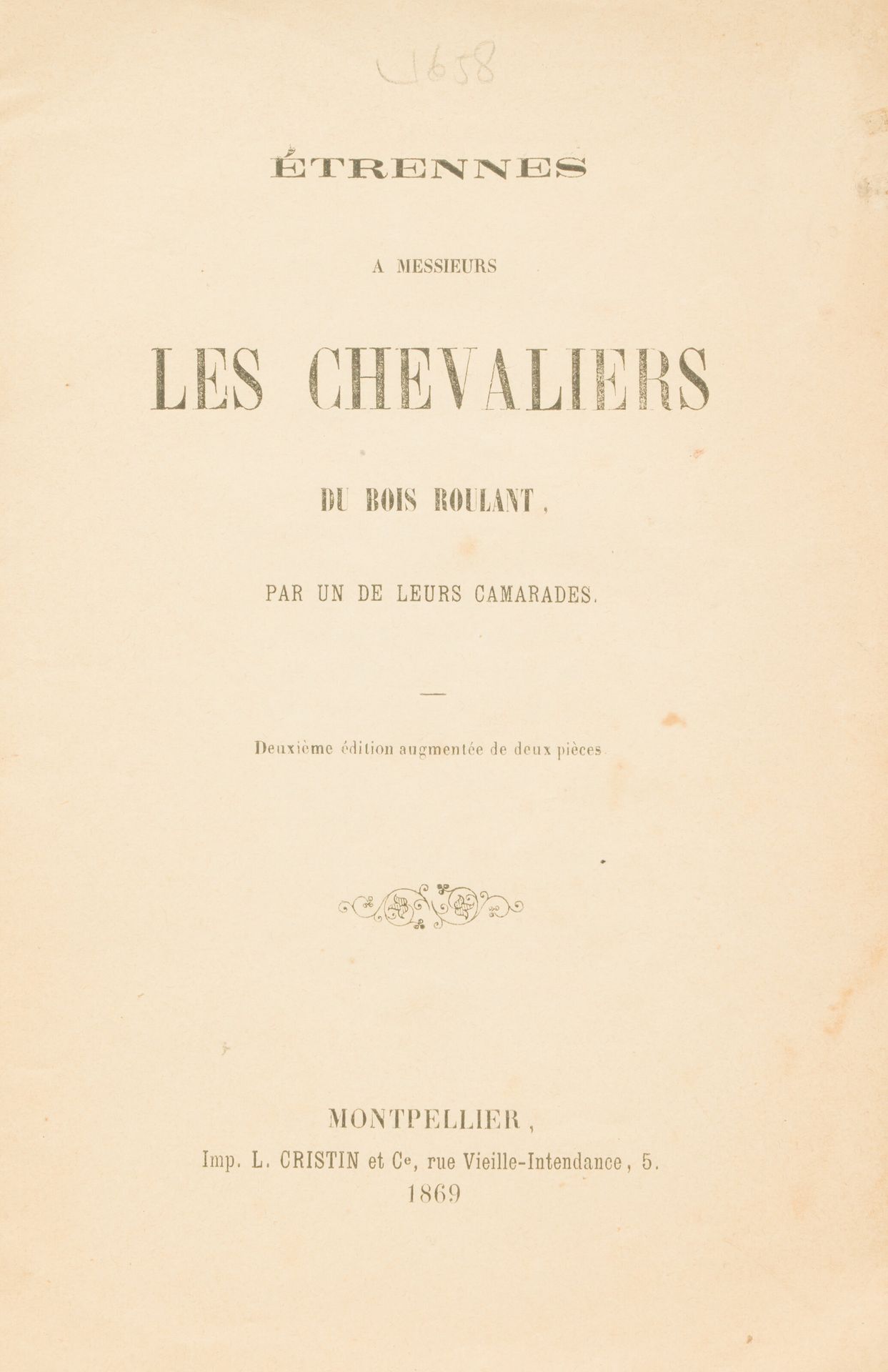 Null 滚木马与木马的同志。Montpellier,
Cristin et Cie, 1869.8开的小册子，订本，哑光封面。
，收录了6篇在滚木骑士团会议上&hellip;