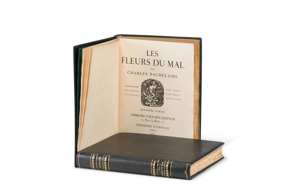 Null 查尔斯-鲍德莱。Les Fleurs du mal.巴黎，Ambroise Vollard，1916年。2卷4开本，黑色摩洛哥，书脊上有四个装饰神经，&hellip;