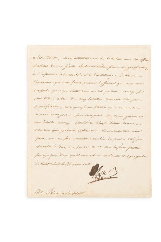 Null 拿破仑一世(1769-1821) 

L.S.口述给Méneval，并写给Neuchatel的王子。圣克卢，1808年3月24日。1页，4页。鎏金边缘&hellip;