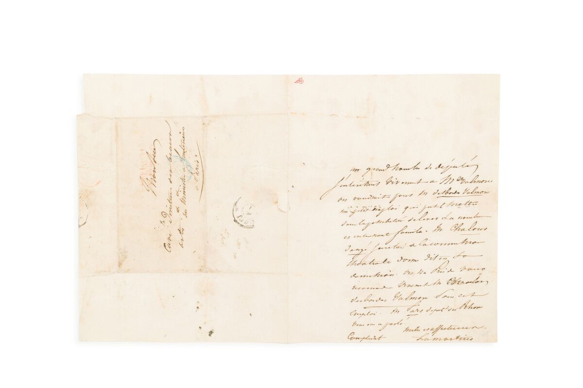 Null 
拉马汀（Alphonse de） (1790-1869)
L.A.S. (s.L.N.D.)。1页，4开本。地址，邮戳。

他请人帮忙"（.....&hellip;