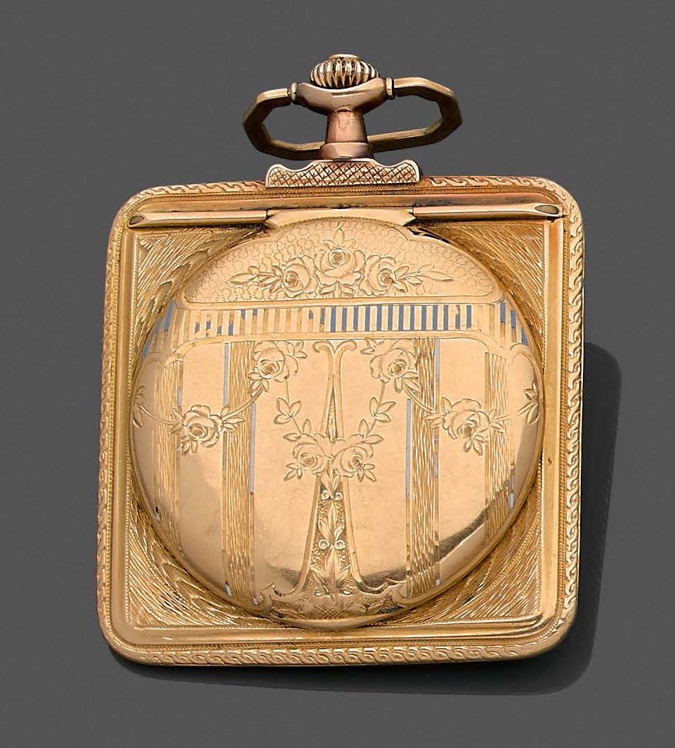 Null Yellow gold (750%) square SAVONNETTE POCKET WATCH, fully chased, with garla&hellip;