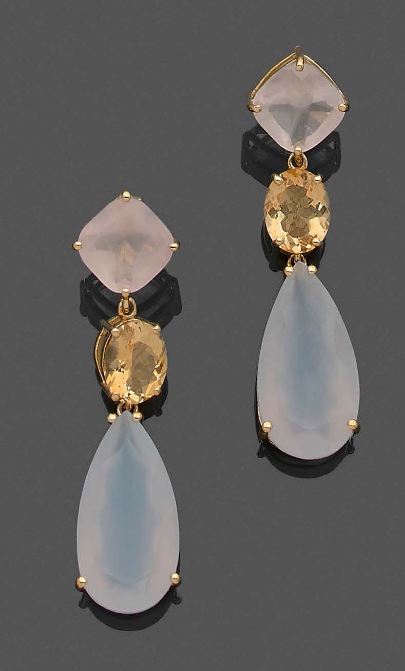 Null Pair of EAR PENDANTS in vermeil (925‰) set with pink quartz, citrine and wh&hellip;