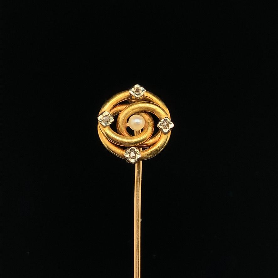 Null 黄金（750‰）圆形笔筒，镶嵌四颗玫瑰式切割钻石，并饰有一颗小珍珠 - 毛重：1.5克