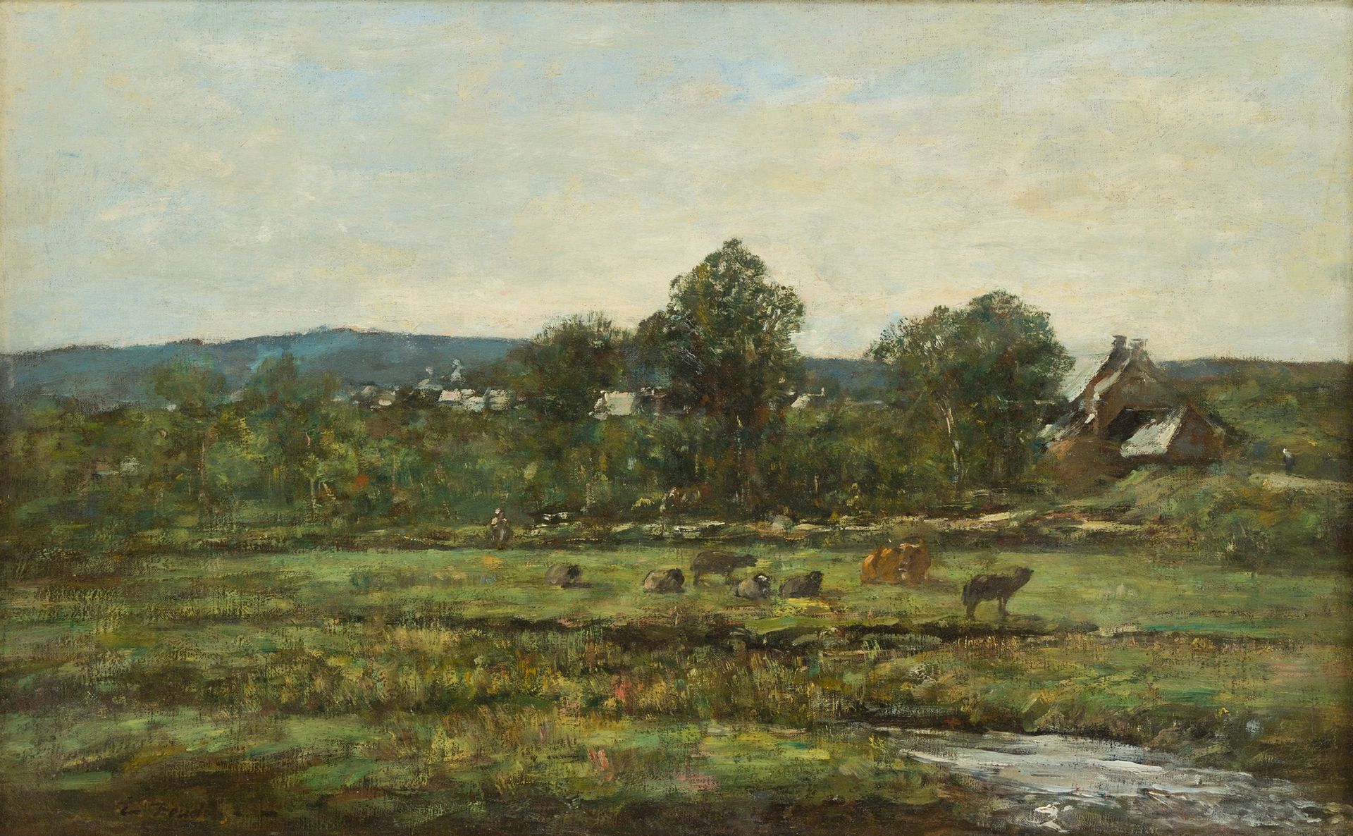 Eugène BOUDIN (1824-1898) 草地上的奶牛，约1885-1890
布面油画。
左下角签名。
35 x 38 cm
参考文献：
R. Sch&hellip;
