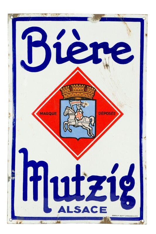 Null MUTZIG BIÈRE, Alsace.

Émaillerie Alsacienne Strasbourg, vers 1935.

Plaque&hellip;