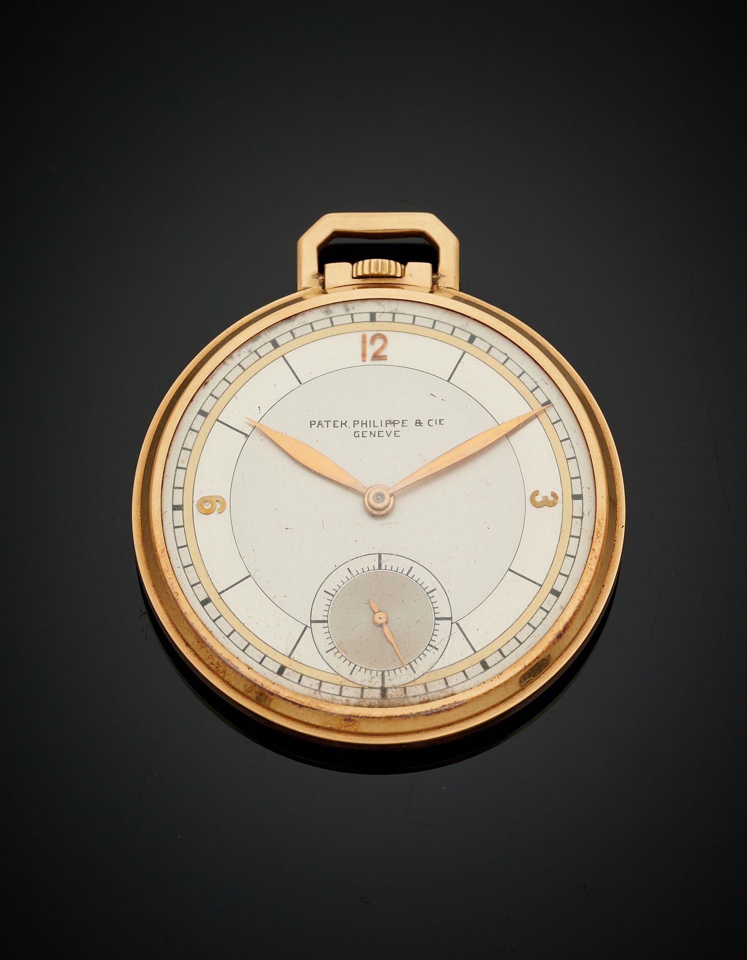 PATEK PHILIPPE Yellow gold (750‰) POCKET WATCH.
Three-tone dial (small stains), &hellip;