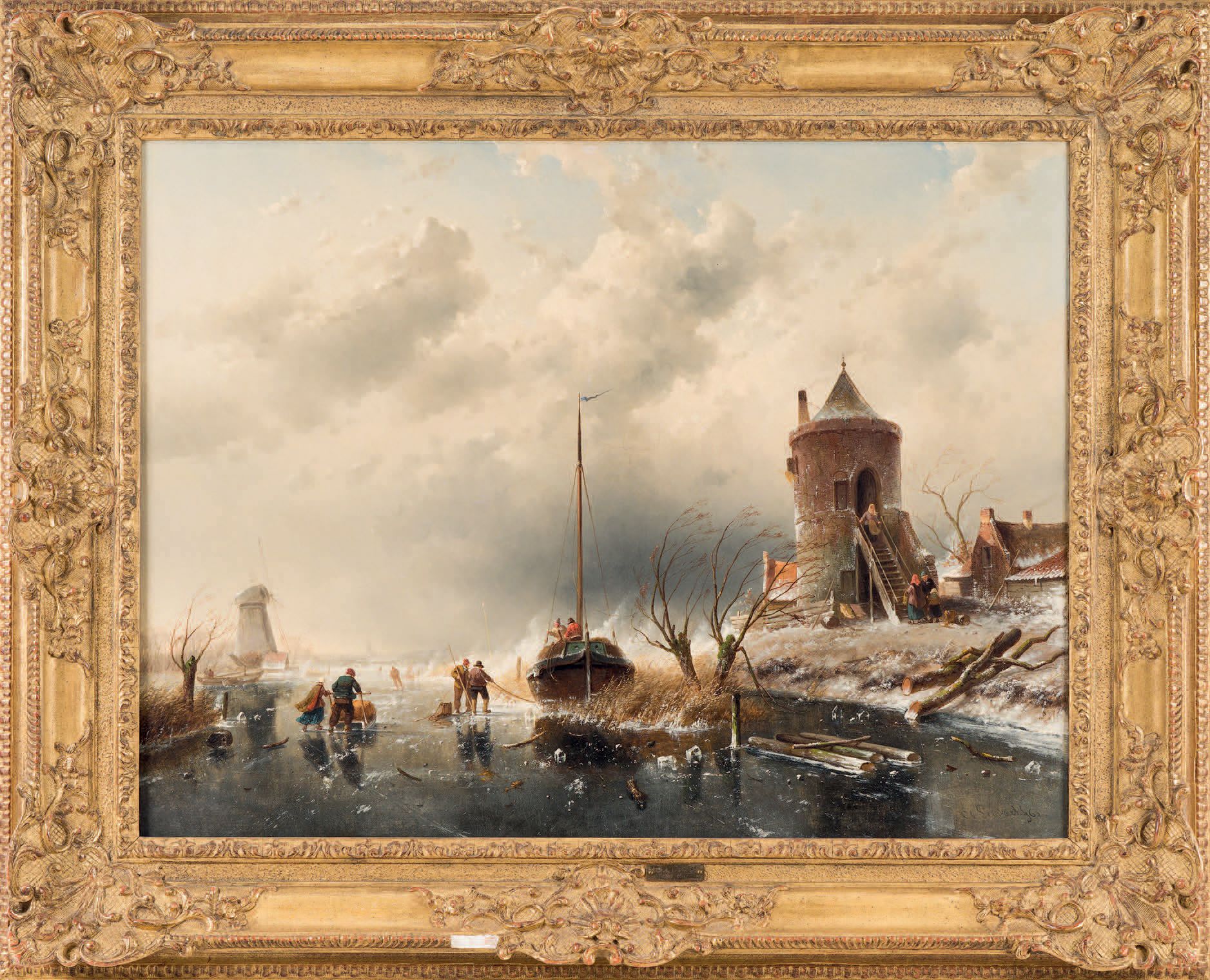 Charles-Henri-Joseph LEICKERT (Bruxelles 1818 - Mayence 1907) 冰冻的河流上的滑冰者
Canvas。&hellip;