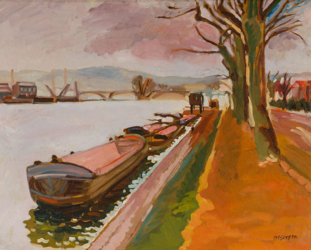 Null Paul BERGER (XXe siècle) 
Péniche à quai, bord de Seine
Huile sur toile. 
S&hellip;