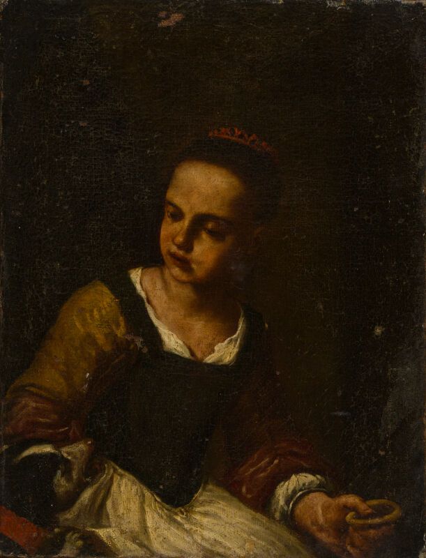 Null Attribué à Antonio AMOROSI
(1660 - 1738)
Petite fille au chien
43 x 32 cm